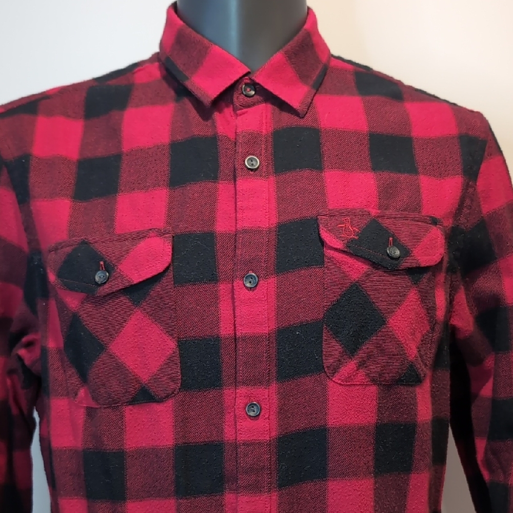 Penguin Red and Black Buffalo Plaid Flannel Shirt Large Lomberjack